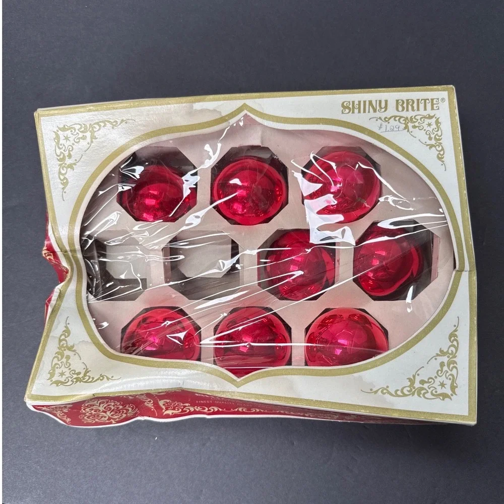 Vintage Shiny Brite Red Glass Christmas Ornaments Set of 8 with Original Box